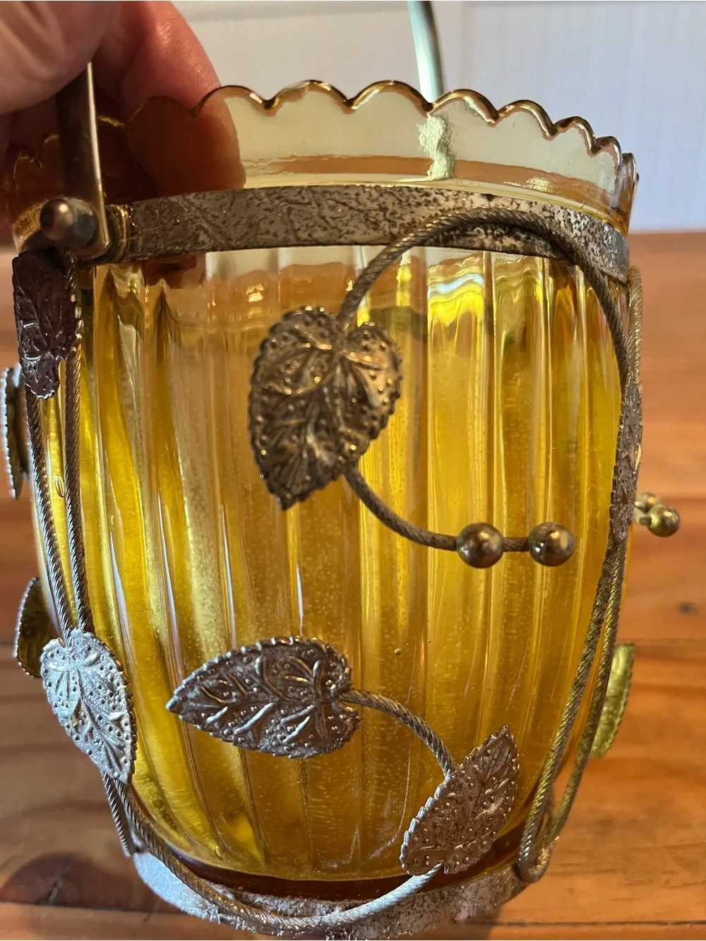 Vintage Amber Glass Ice Bucket with Caged Leaf and Handle